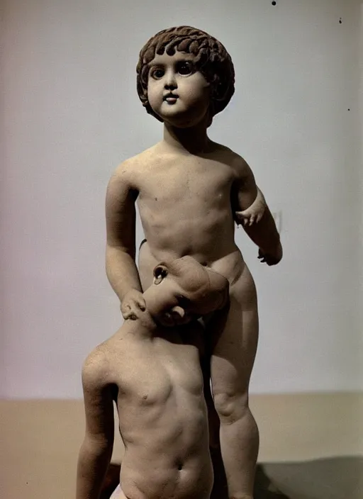 Prompt: realistic photo of a a boy with a pigeons, ancient greek sculpture realistic doll made of white detailed clay and black wooden brushwood, 1 9 6 0, life magazine photo, natural colors, metropolitan museum, kodak