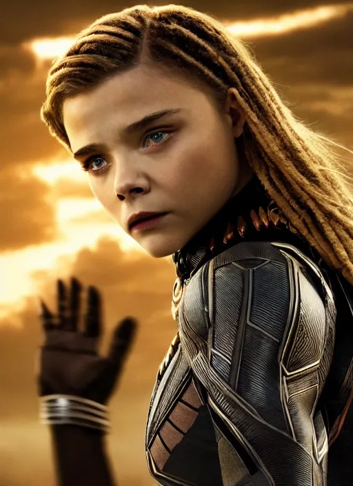 Image similar to film still of chloe grace moretz as black panther, 4 k