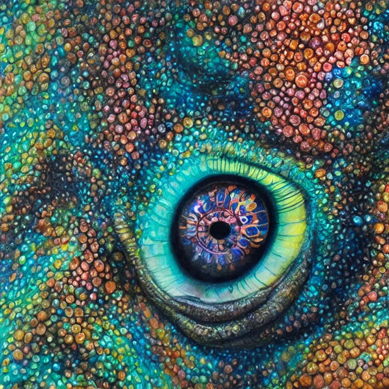 Image similar to Hyperrealistic intensely colored close up studio Photograph portrait of a deep sea bioluminescent Jon Hamm covered in chromatophores and scales, symmetrical face realistic proportions eye contact, Staring intensely with golden eyes sitting on a Rock underwater, award-winning portrait oil painting by Norman Rockwell and Zdzisław Beksiński vivid colors high contrast hyperrealism 8k