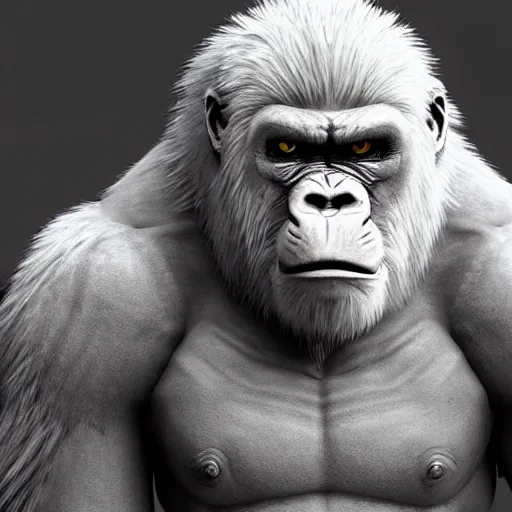 Image similar to angry tough rough looking albino gorilla. scars, battle damage, scratched armor, interesting 3 d character concept by square enix, in the style of league of legends, hyper detailed, character modeling, cinematic, final fantasy, video game character concept, ray tracing, fur details, maya, c 4 d