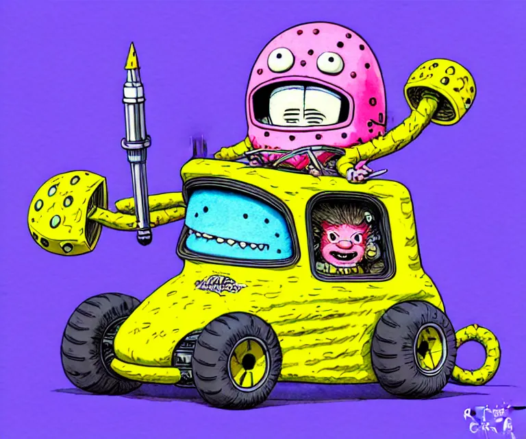 Prompt: cute and funny, patrick star berserker, wearing a helmet, driving a hotrod, oversized enginee, ratfink style by ed roth, roth's drag nut fuel, centered award winning watercolor pen illustration, isometric illustration by chihiro iwasaki, the artwork of r. crumb and his cheap suit, cult - classic - comic,