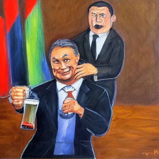 Prompt: viktor orban drinking beer with putin, anatomically correct, oil painting, highly detailed