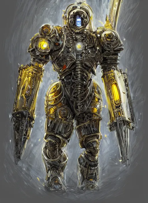 Image similar to dynamic portrait of a intricate glorious holy mechanical warforged character in yellow armor holding a paladin engraved great longsword and carrying a big paladin shield, spotlight from face , epic , trending on ArtStation, masterpiece, cinematic lighting, by Jesper Ejsing and by Philippe Druillet and by Yoann Lossel