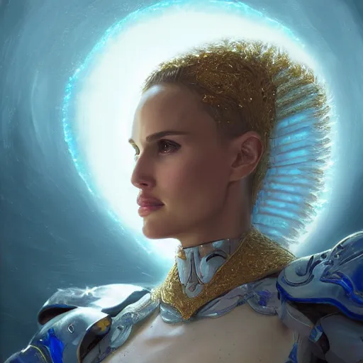 Image similar to cosmic portrait of natalie portman as a holy knight angel, au naturel, hyper detailed, digital art, trending in artstation, cinematic lighting, studio quality, smooth render, unreal engine 5 rendered, octane rendered, art style by klimt and nixeu and ian sprigger and wlop and krenz cushart.