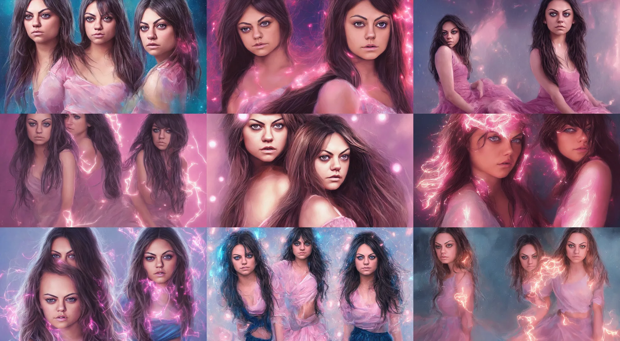 Prompt: full body portrait of teenage mila kunis, bangs, blue eyes, sultry expression, blond hair, sultry smirk, bangs and wavy hair, pink skirt, intricate, elegant, glowing lights, highly detailed, digital painting, artstation, concept art, smooth, sharp focus, illustration, art by wlop, mars ravelo and greg rutkowski