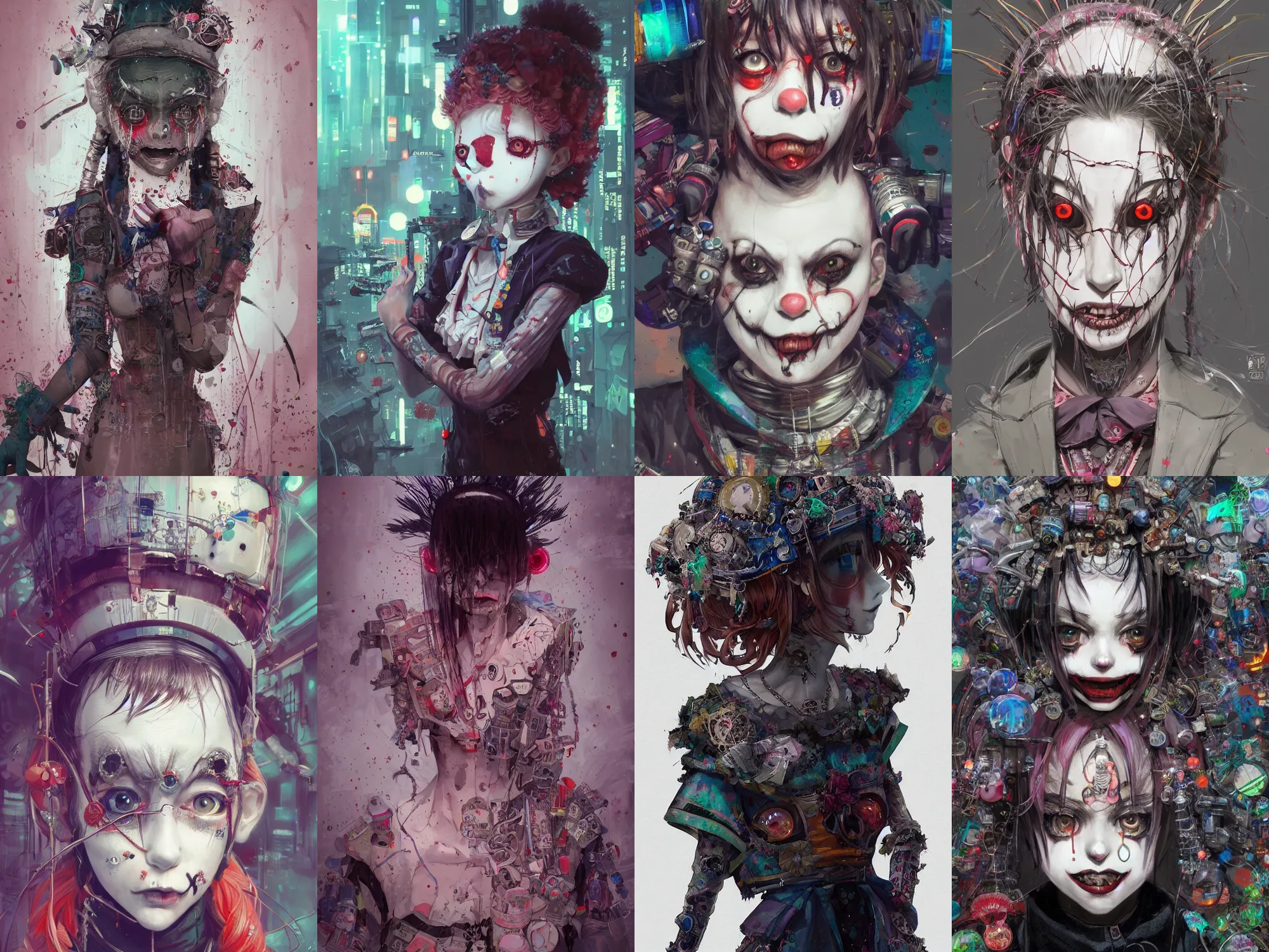 Prompt: by kyoto animation, very creepy clown girl, wearing cyberpunk intricate streetwear, beautiful, detailed portrait, intricate complexity, ilya kuvshinov, cell shaded, 4 k, concept art, by wlop, ilya kuvshinov, artgerm, krenz cushart, greg rutkowski, sharp focus, volumetric lighting, cinematic lighting, studio quality