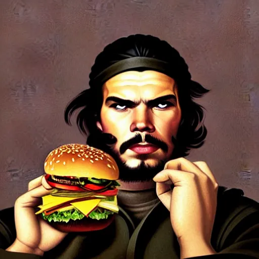 Image similar to portrait of che guevara eating hamburgers, extra onions and ketchup, luscious patty with sesame seeds, feminine ethereal, handsome, d & d, fantasy, intricate, elegant, highly detailed, digital painting, artstation, concept art, matte, sharp focus, illustration, art by artgerm and greg rutkowski and alphonse mucha