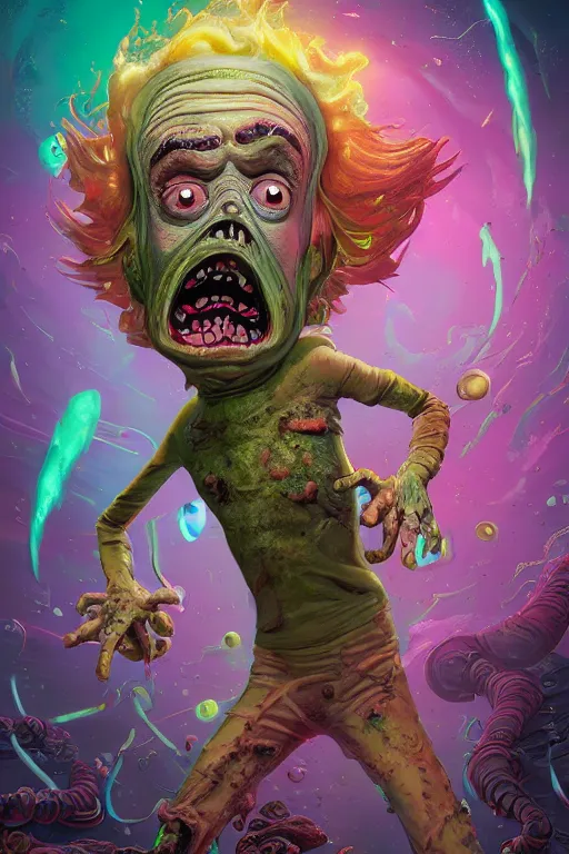 Image similar to rick and morty fused with a lovecraft fat space zombie wearing a exploding wig, photo, portrait, 3d, high details, intricate details, by vincent di fate, artgerm julie bell beeple, 90s, Smooth gradients, octane render, 8k, volumetric lightning, High contrast, duo tone, depth of field, very coherent symmetrical artwork