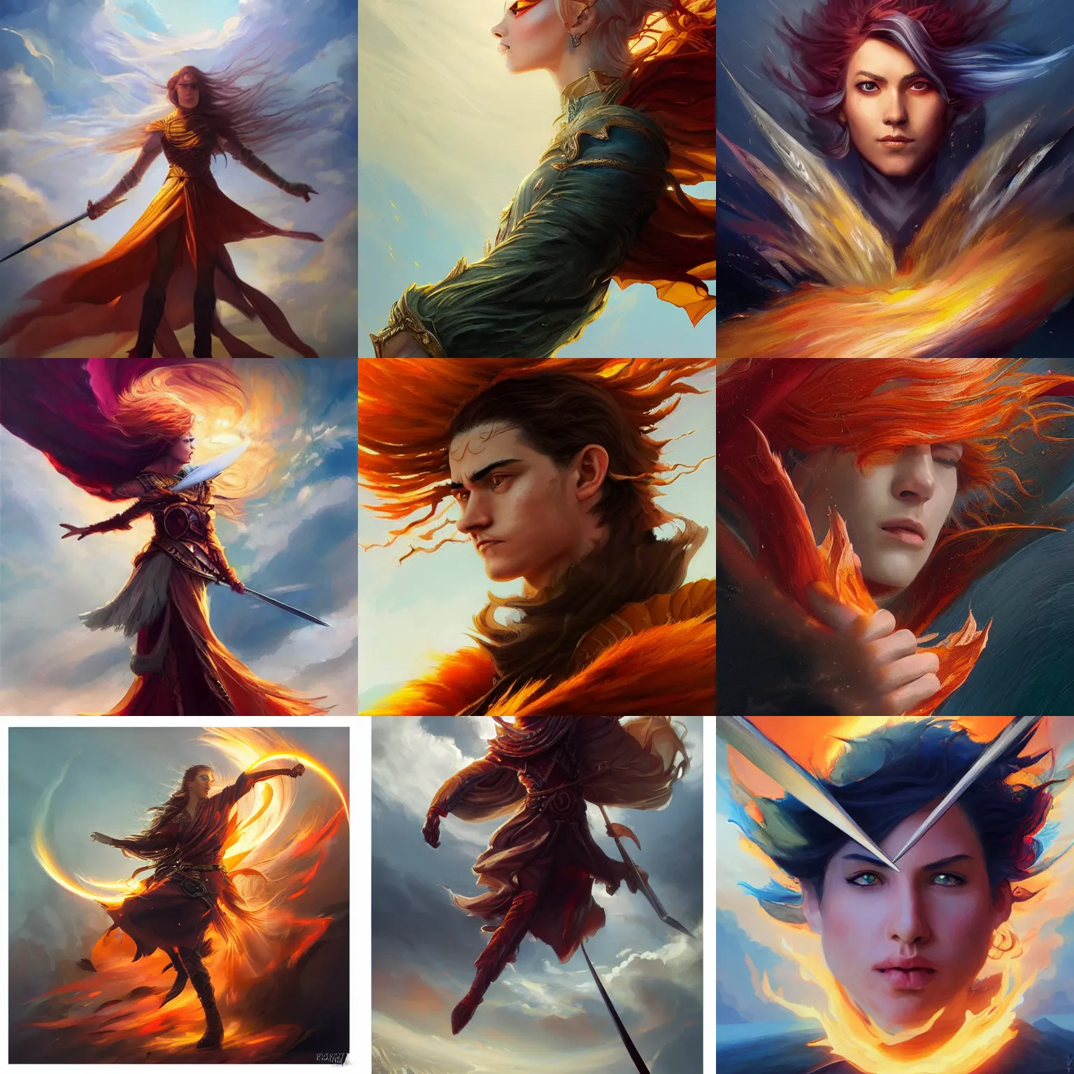 Prompt: spinning king of fantastical sword radiating fall, windy, d & d, fantasy, portrait, highly detailed, digital painting, trending on artstation, concept art, sharp focus, illustration, art by artgerm and kenneth noland and greg rutkowski and magali villeneuve