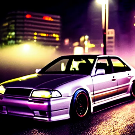 Image similar to a car JZX100 at illegal car meet, Shibuya prefecture, city midnight mist, cinematic color, photorealistic, highly detailed, 200MM