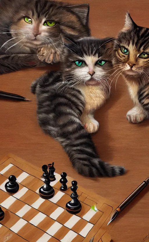 Prompt: beautiful detailed painting of two cats playing chess. vibrant, high quality, very funny, beautiful, hq. hd. 4 k. award winning. trending on artstation