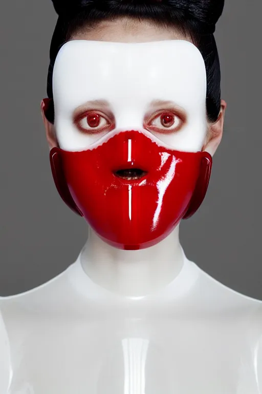 Image similar to symmetrical portrait of a woman wearing a red embroidered translucent silicone mask and black frizzy hair buns, wearing a white bodysuit by alexander mcqueen, white background, soft diffused light, biotechnology, futuristic aesthetic, translucent, ethereal, intricate details, highly detailed, masterpiece,