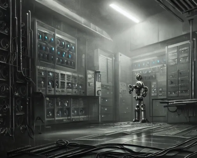 Image similar to gloomy ruined server room in datacenter robot figure automata rusty steel robot knight colossus welder posing pacing fixing soldering mono sharp focus, emitting diodes, smoke, artillery, sparks, racks, system unit, motherboard, by pascal blanche rutkowski repin artstation hyperrealism painting concept art of detailed character design matte painting, 4 k resolution blade runner