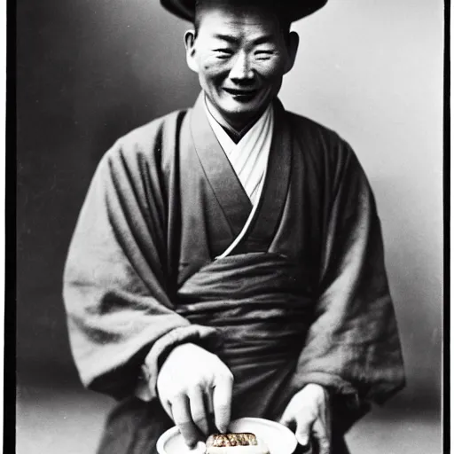 Image similar to a photo of a happy man from qing empire holding a hamburger, award winning photo, high quality, 1 9 th century photo, highly detailed, black and white