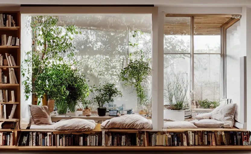 Image similar to interior desing magazine photo of a big window with a wooden frame to sit on, some sandy yellow pillows, there are a few books and plants on a integrated shelf, great architecture, ambient light, 8k