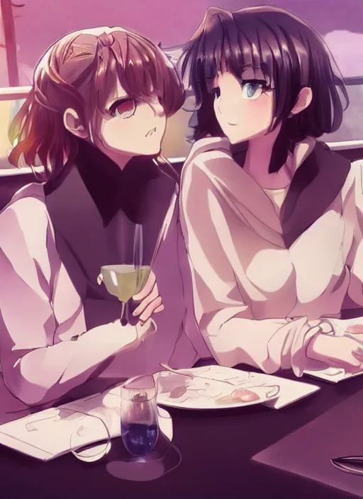 Image similar to two beautiful mothers sitting across from each other, summer clothes, gorgeous faces, thick lines, cinematic lighting, detailed anime art