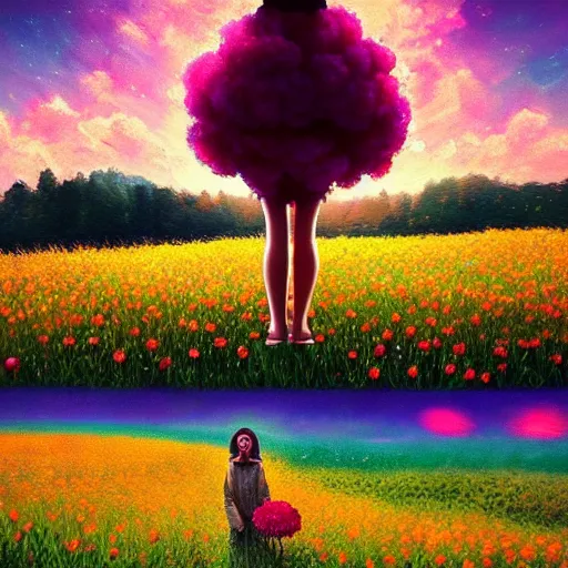 Image similar to big flower afro, full body, girl standing in the middle of a field with flowers, surreal photography, hills, sunrise dramatic light, impressionist painting, colorful clouds, digital painting, pointillism, artstation, simon stalenhag