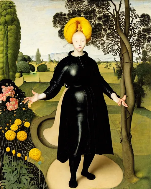 Image similar to portrait of a curvy woman with yellow hair buns, wearing a black raincoat and leggings, standing in a garden full of plants and flowers, intricate details, high detail, in the style of rogier van der weyden and jacopo da pontormo, punk