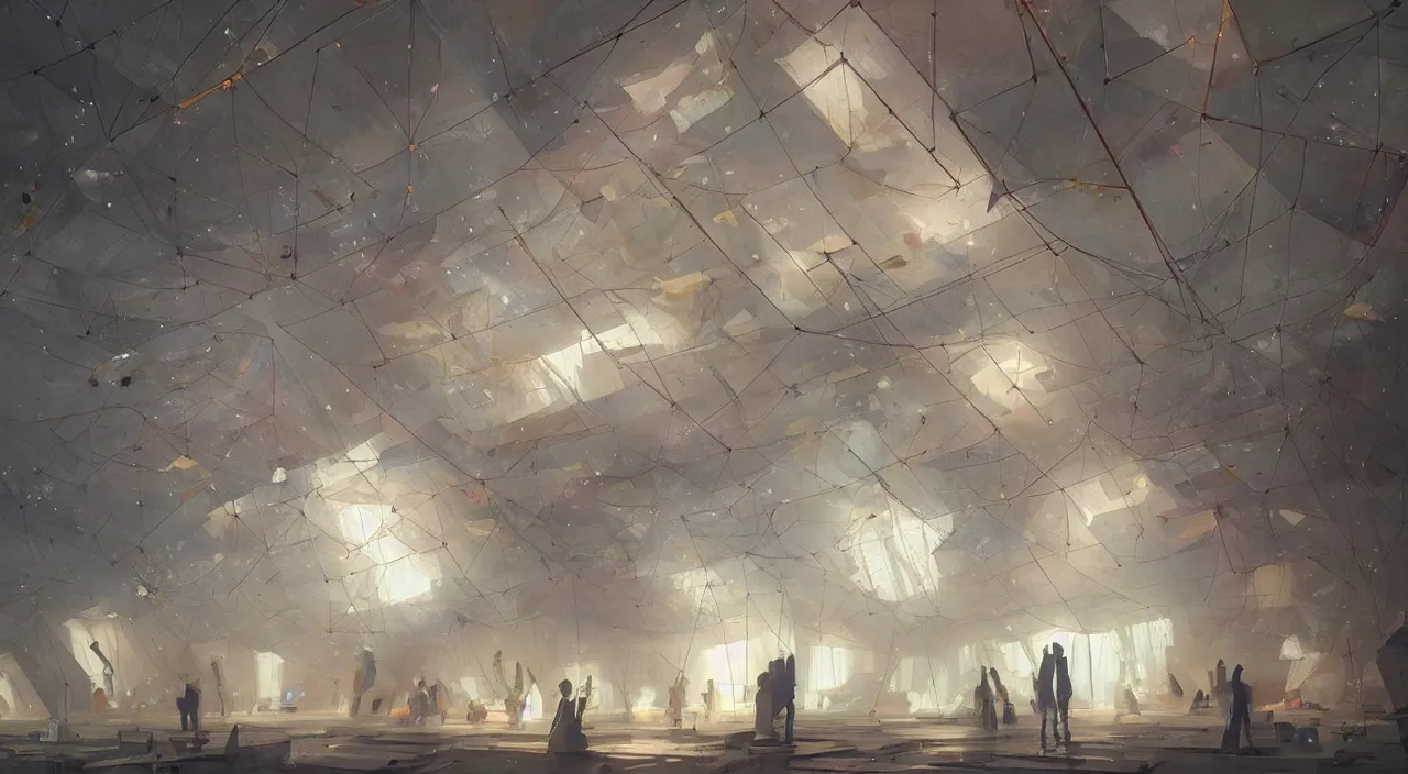 Prompt: tarps hanging from the ceiling making art and hexagons in space being caught with large walls coming from the ground in a museum, painters, magnificent, close up, details, sharp focus, elegant, highly detailed, illustration, by Jordan Grimmer and greg rutkowski and PiNe(パイネ) and 薯子Imoko and 香川悠作 and wlop and maya takamura, intricate, beautiful, Trending artstation, pixiv, digital Art