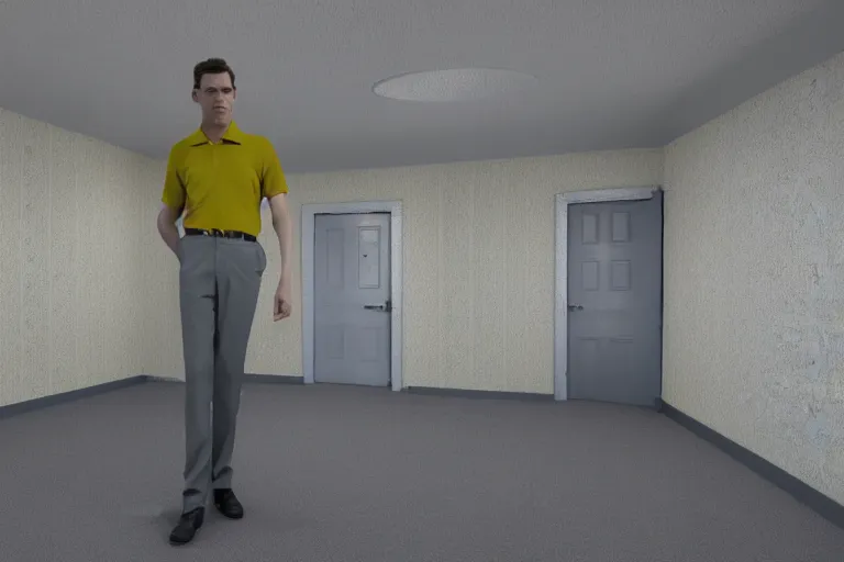 Prompt: 3 d render of jerma 9 8 5, jerma in the backrooms, jerma in endless halls of completely empty office space with worn light mono - yellow 7 0 s wallpaper, old moist carpet, and inconsistently - placed fluorescent lighting | liminal space | non - euclidean space | high octane | blender | 3 d render