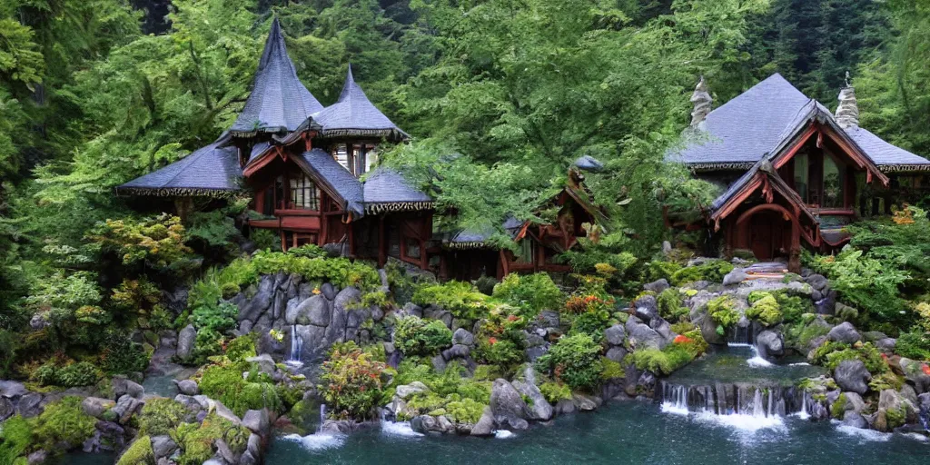 Image similar to residence in the style of rivendell, cascadian