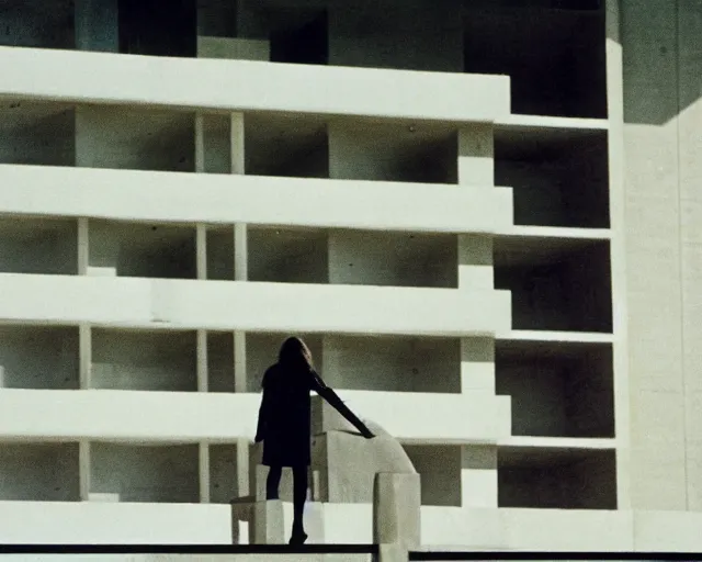 Prompt: a still of a woman standing on a brutalist white balcony, by the beach, minimalist composition, in a TV ad from 1987