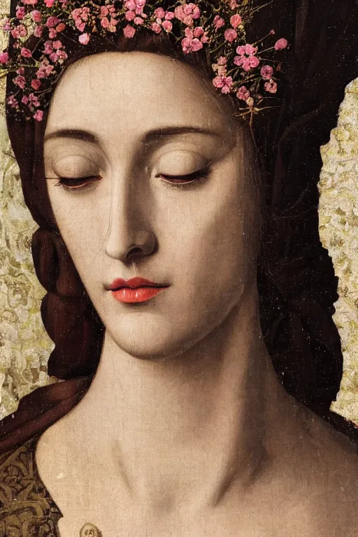 Prompt: hyperrealism close - up mythological portrait of a medieval woman's face partially made of plum flowers in style of classicism, wearing silver silk robe, dark palette