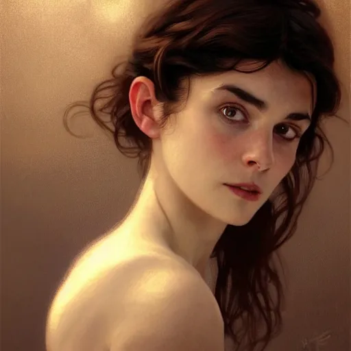 Prompt: portrait of a welsh girl with brown hair, glowing skin, delicate features, amelie poulain, young audrey tautou, fantasy, intricate, elegant, highly detailed, digital painting, artstation, concept art, smooth, sharp focus, illustration, art by Krenz Cushart and Artem Demura and alphonse mucha