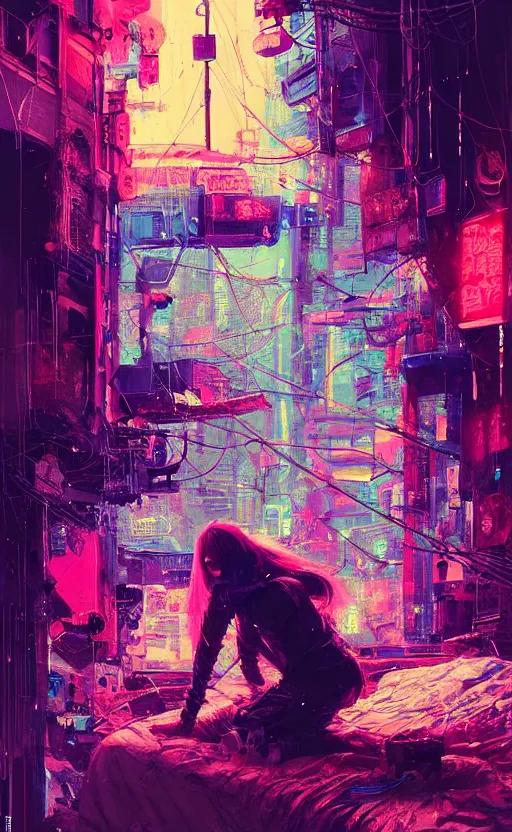 Prompt: detailed Amber Heard crouching on top of messed up bed, volumetric lightning, cyberpunk futuristic neon, decorated with traditional Japanese ornaments by Ismail inceoglu dragan bibin hans thoma !dream detailed portrait Neon Operator Girl, cyberpunk futuristic neon, reflective puffy coat, decorated with traditional Japanese ornaments by Ismail inceoglu dragan bibin hans thoma greg rutkowski Alexandros Pyromallis Nekro Rene Maritte Illustrated, Perfect face, fine details, realistic shaded, fine-face, pretty face