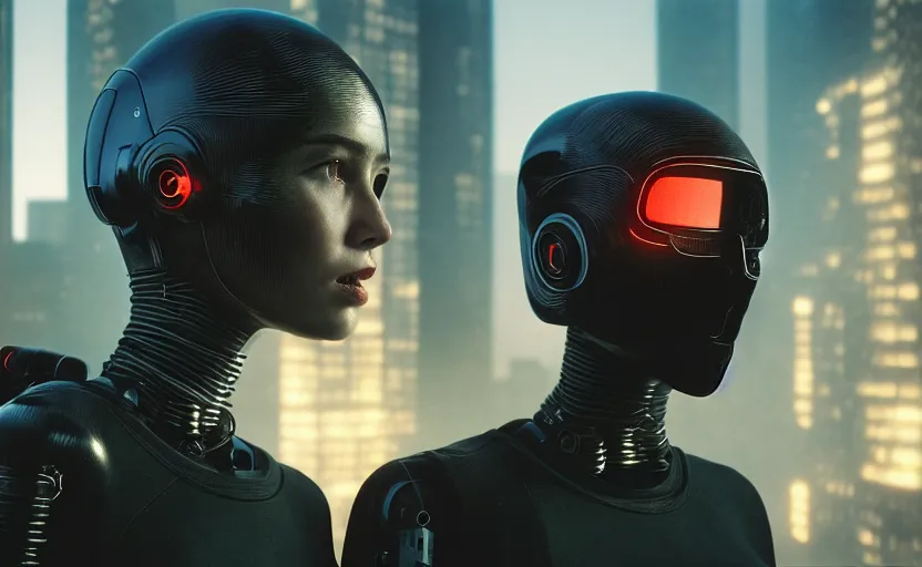 Image similar to cinestill 5 0 d photographic portrait by helen levitt of two loving female androids wearing black techwear in a brilliant cyberpunk city, extreme closeup, modern cyberpunk, dust storm, 8 k, hd, high resolution, 3 5 mm, f / 3 2, ultra realistic faces, intricate detail, ex machina