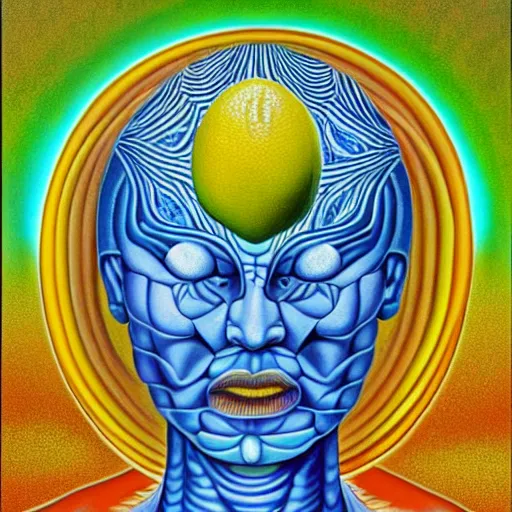 Image similar to Alex Grey painting of a lemon god