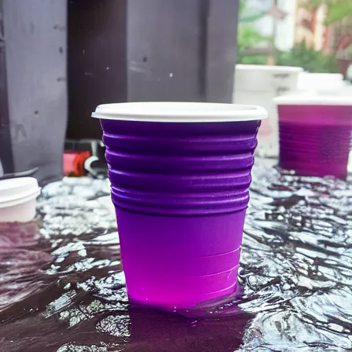Prompt: side view of a double cup styrofoam cup over flooded with purple syrup, the purple syrup is flooded around the styrofoam cup and dripping off the table, Houston Texas culture
