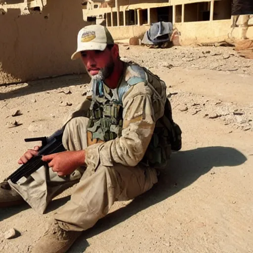 Prompt: A white dude chilling in iraq holding some guns and smoking a blunt