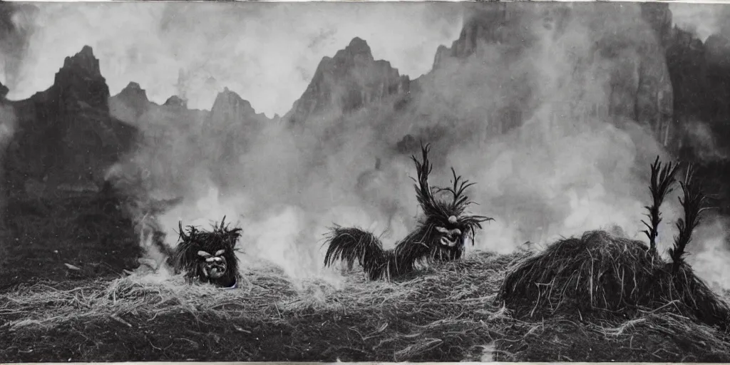 Image similar to 1 9 2 0 s photography of krampus hay monster burning, dolomites