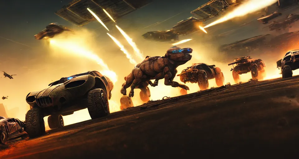 Prompt: macro closeup photo of halo warthogs being chased in a post apocalyptic city, 3 pm, smoke, dust, embers, mad max, action, speed, rocket league, volumetric lighting, hdr, need for speed, gta 5, ridley scott, syd mead, craig mullins, cinematic, octane