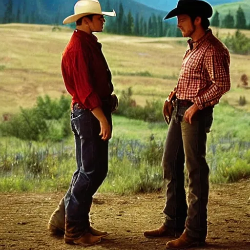 Prompt: the main characters of brokeback mountain are having a romantic moment