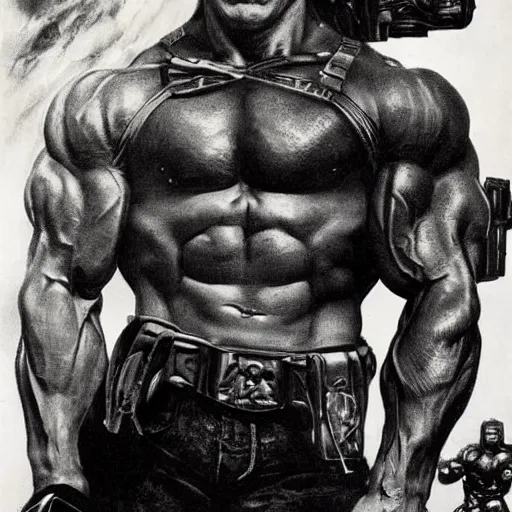 Prompt: portrait of hero arnold schwarzenegger by frank frazetta