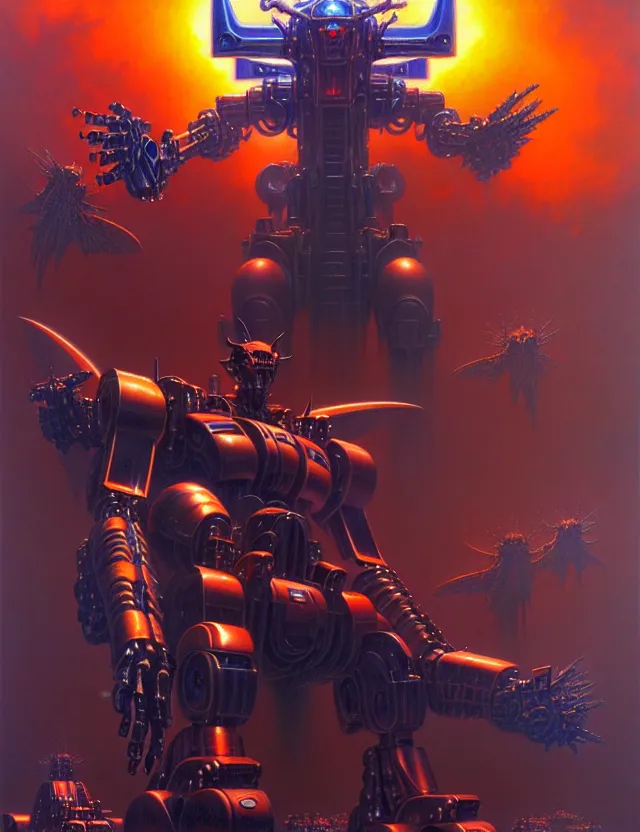 Prompt: a satan mecha, tim hildebrandt, wayne barlowe, bruce pennington, donato giancola, trending on artstation, cinematic composition, beautiful lighting, hyper detailed, 8 k, oil on canvas