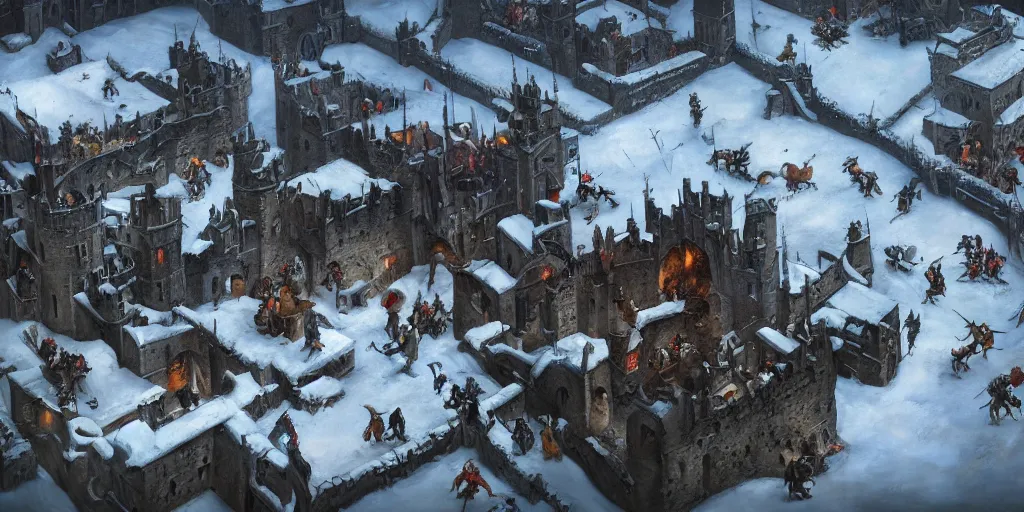 Prompt: RTS gameplay third person in style of Brueghel paintings, painting, Stronghold strategy gameplay, high detailed,dark fantasy, dark tones, medieval, snow, buildings, castle, armored units, cavalry,RPG, high detailed, contrast, octane render,mill, farm, creative