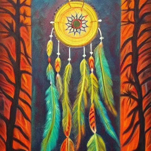 Image similar to dreamcatcher, nature, native american art, peaceful, beautiful, oil painting