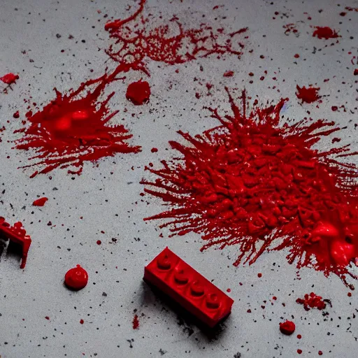 Image similar to photo of a lego set splattered with blood, shiny dark red blood splatter