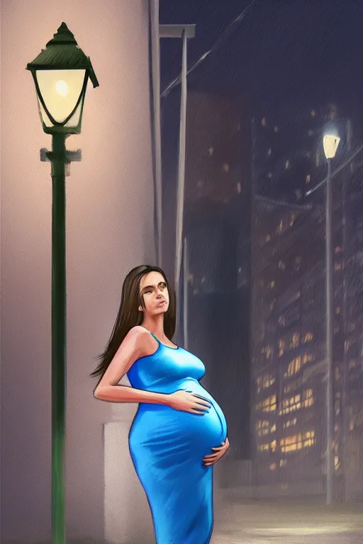 Image similar to pregnant woman in a short blue dress in night under street light, highly detailed, sharp focused, ultra realistic digital concept art by Nikolai Shurygin