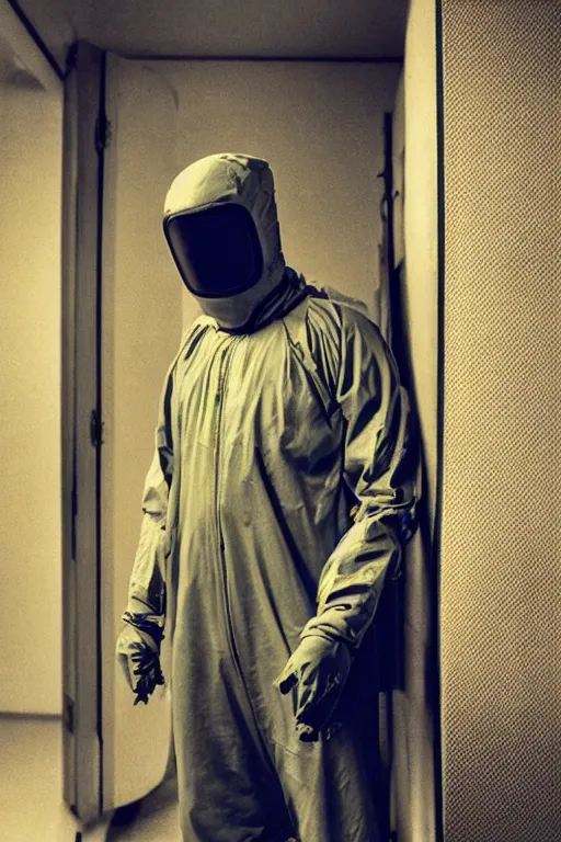 Prompt: .dalle gentleman in nuclear protective clothing with mask in the midst of the debasement. realistic, very realistic cinematographic, photo, photorealistic