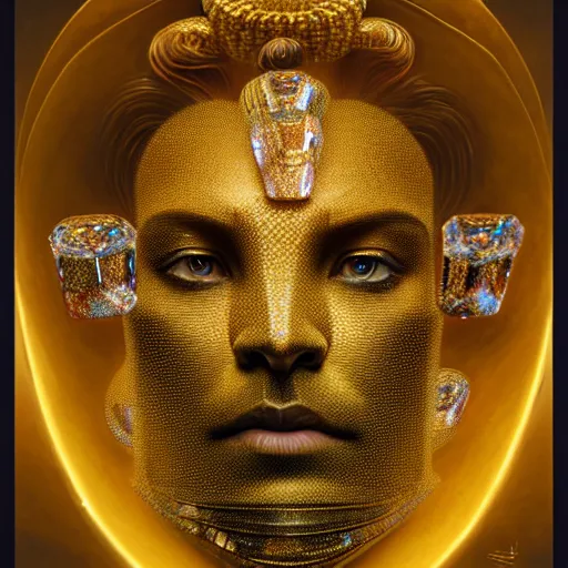 Prompt: halfturn portrait of a big crystal face, made of golden crystals, half - turn, bottom view, ominous, intricate, studio, art by anthony macbain + greg rutkowski + alphonse mucha, concept art, 4 k, sharp focus