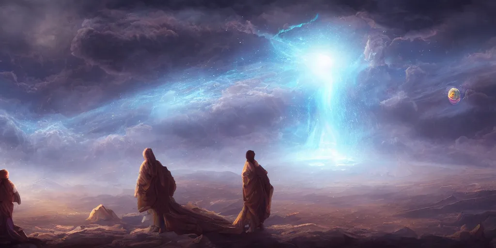 Image similar to Cosmic inflation bubbles peaking through the clouds, council of Gods having a meeting, character art, concept art, matte painting, 8k, highly detailed, artstation, light being, high quality,