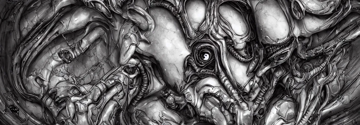 Image similar to engineer alien bood face by Artgerm, xenomorph alien, highly detailed, symmetrical long head, blood color, smooth marble surfaces, detailed ink illustration, raiden metal gear, cinematic smooth stone, deep aesthetic, concept art, post process, 4k, carved marble texture and silk cloth, latex skin, highly ornate intricate details, prometheus, evil, moody lighting, hr geiger, hayao miyazaki, indsutrial Steampunk