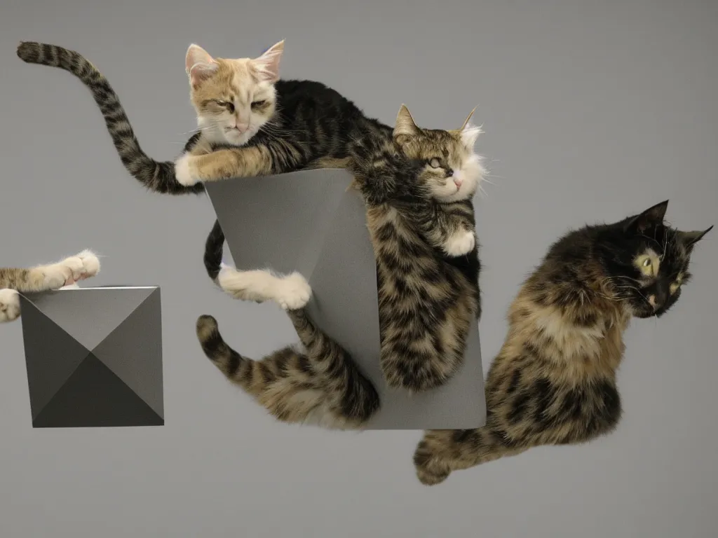 Prompt: cats hanging on hyper-dimensional impossible geometric object