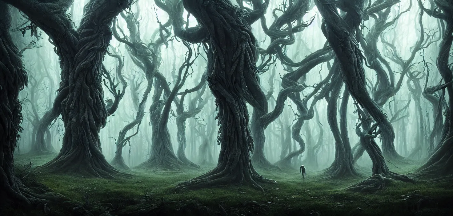 Image similar to scary fairy tale mystical forest twisted creepy trees magical forest landscape artwork trees near the path amazing nature, surreal, dreamlike, lucid dream, very detailed, perfect lighting, perfect composition, 4 k, artgerm, derek zabrocki, greg rutkowski