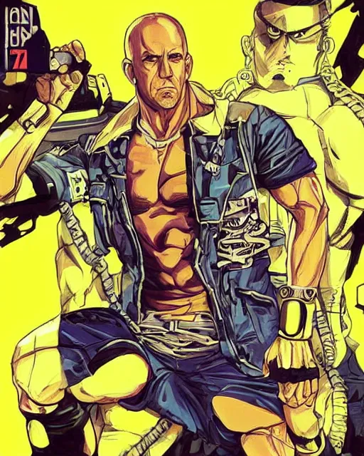 Prompt: Digital color pen drawing of Vin Diesel from JoJo\'s Bizzare Adventure with a robot standing behind him, highly detailed, sharp focus, screentone shading, 1990 manga panel, trending on ArtStation, manga cover art drawn by Hirohiko Araki