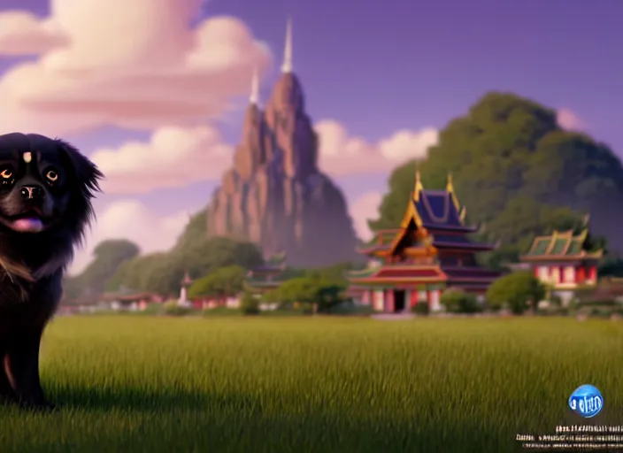 Image similar to a wholesome animation key shot of a black tibetan spaniel, thai temple in the background, studio ghibli, pixar and disney animation, sharp, rendered in unreal engine 5, anime key art by greg rutkowski, bloom, dramatic lighting